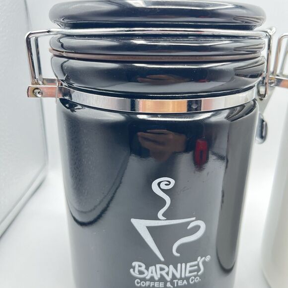 Barnie's Coffee & Tea Co. White Black Ceramic Canister Jar Set Of 2 - No Spoons - Picture 2 of 16